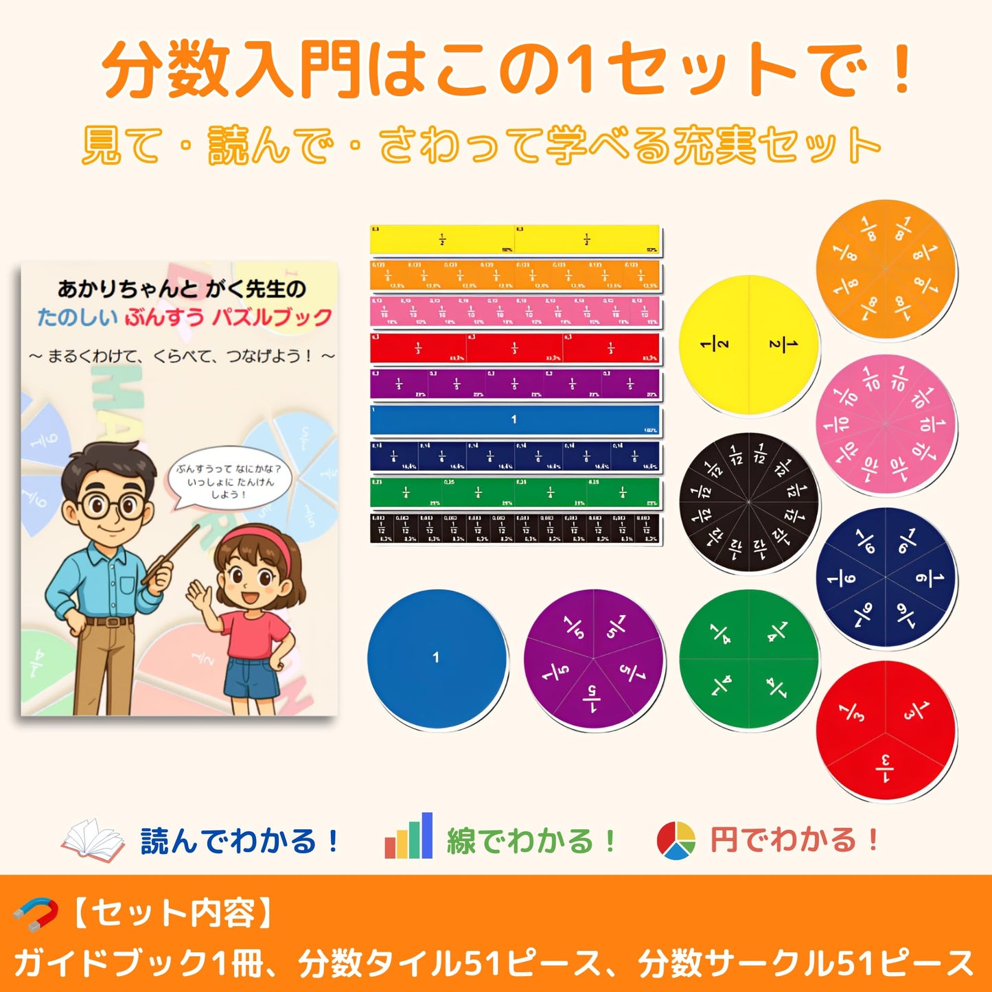 【元塾講師考案・キャラクターと学ぶ分数パズル】AZ-FRONT 分数学習教材 マグネット 知育玩具 小学生向け 算数 おもちゃ 円・タイル2種セット オリジナル図解説明書付き