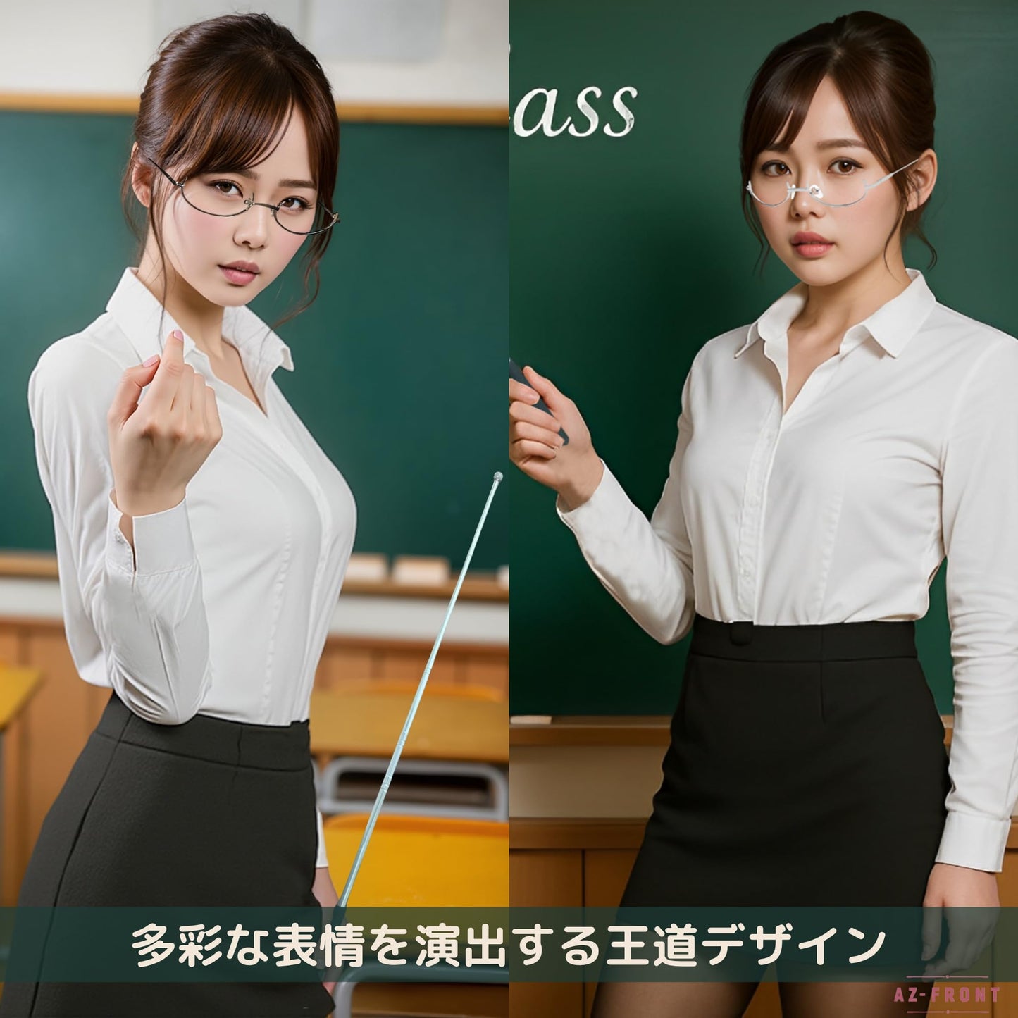[AZ-FRONT] 女教師 コスプレ 衣装 4点セット（白シャツ・黒スカート・メガネ・指示棒付き） ハロウィン 仮装 女性用