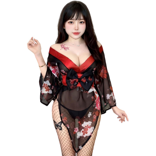 [AZ-FRONT] 花魁 コスプレ 着物 ランジェリー 網タイツ タトゥーシール2種 (蝶1枚・桜30枚) 4点セット セクシー 和装 浴衣 遊郭 衣装 レディース
