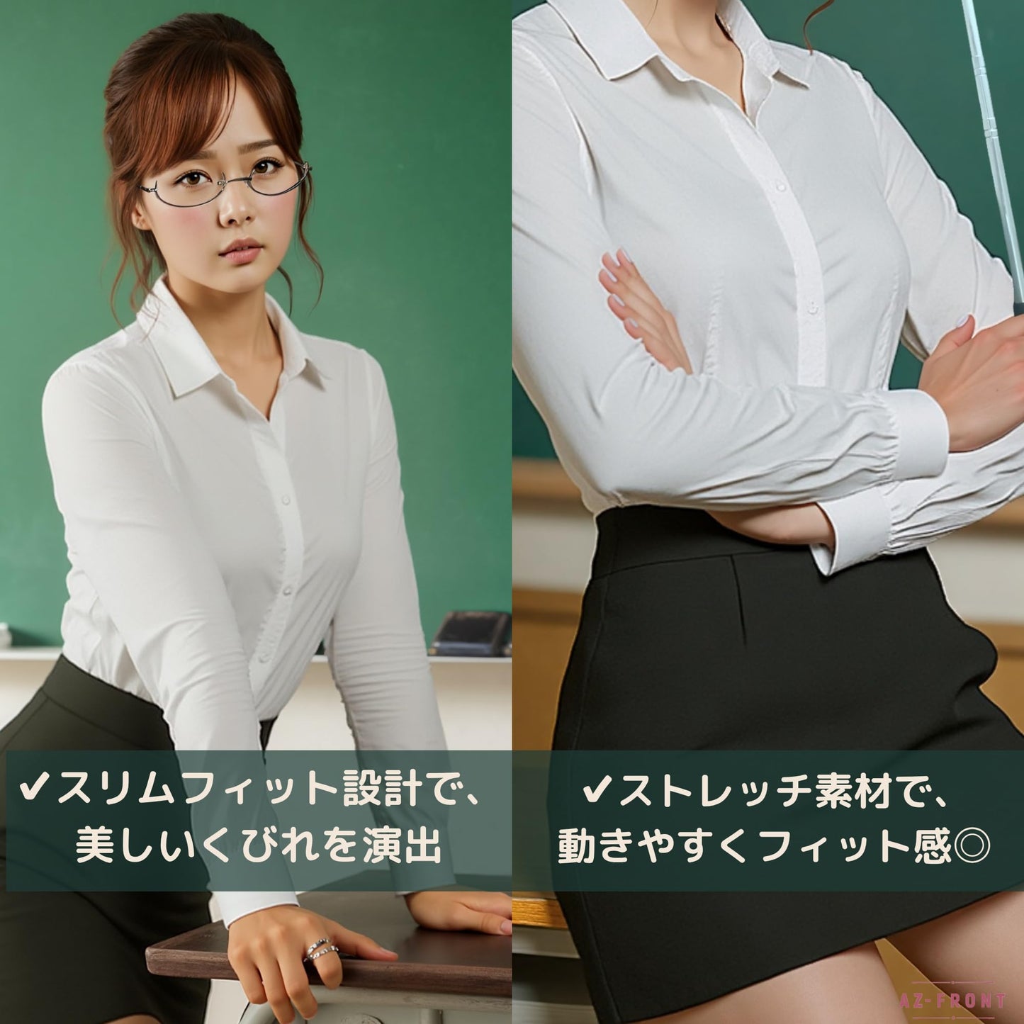 [AZ-FRONT] 女教師 コスプレ 衣装 4点セット（白シャツ・黒スカート・メガネ・指示棒付き） ハロウィン 仮装 女性用