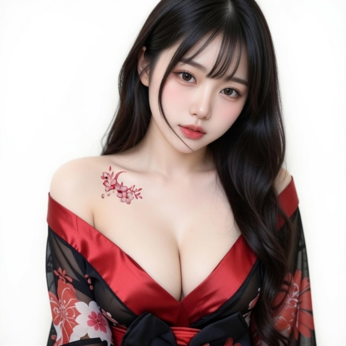 [AZ-FRONT] 花魁 コスプレ 着物 ランジェリー 網タイツ タトゥーシール2種 (蝶1枚・桜30枚) 4点セット セクシー 和装 浴衣 遊郭 衣装 レディース
