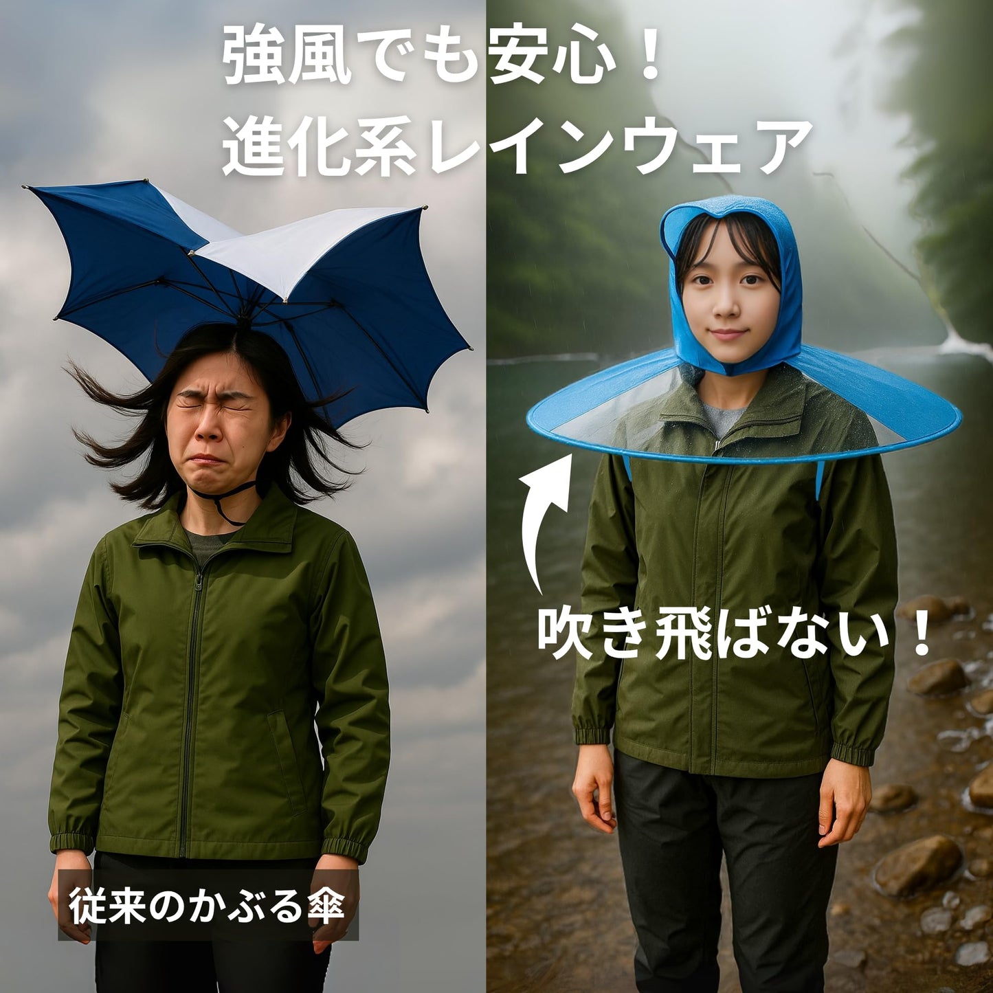 AZ-FRONT 頭からかぶる軽量釣り傘 両手が使える折りたたみ式透明雨具 風に強いフィット感 アウトドア キャンプ ガーデニング用