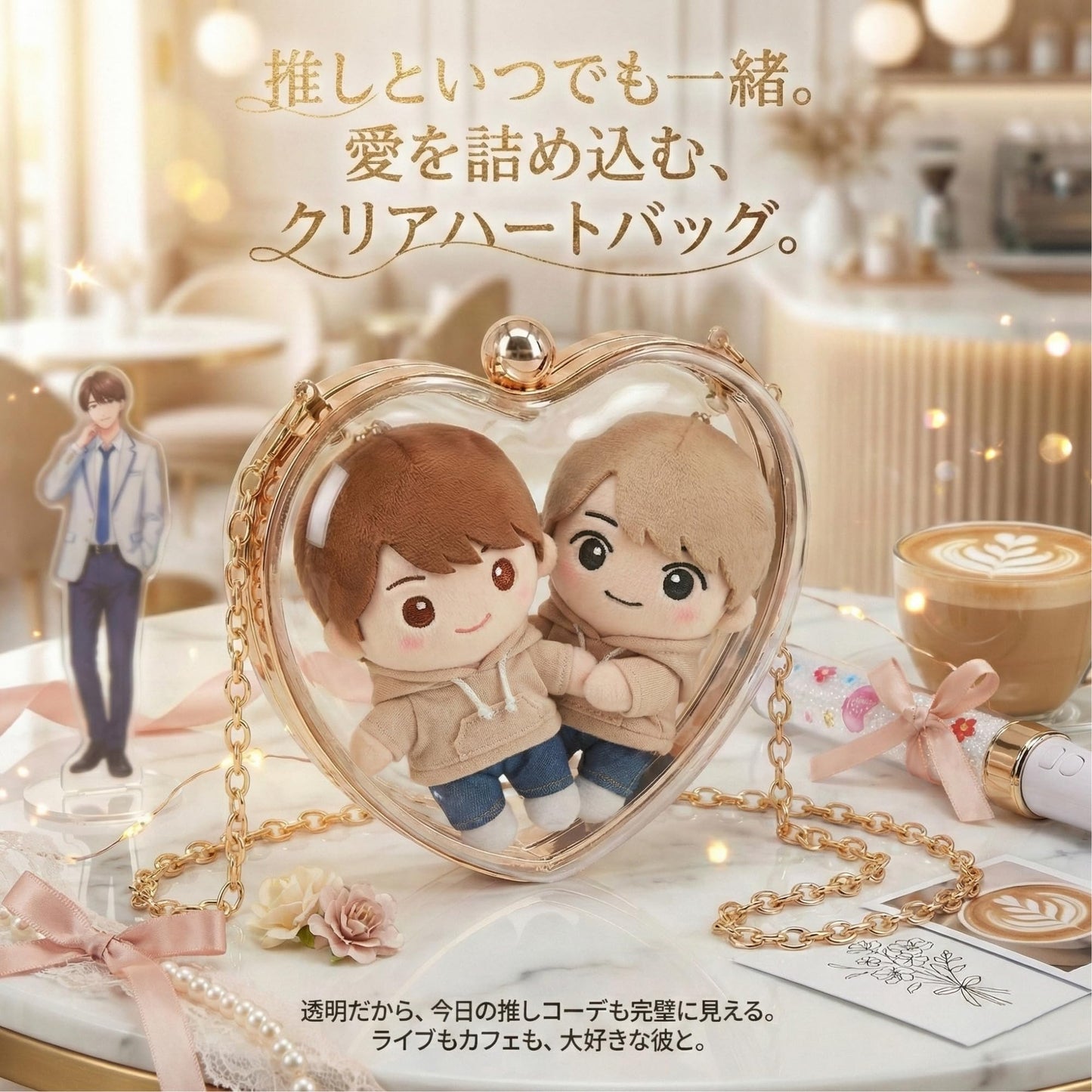 AZ-FRONT 透明 ハート ちびぬいケース 推しぬいポーチ ぬいぐるみバッグ 2WAY ショルダーバッグ