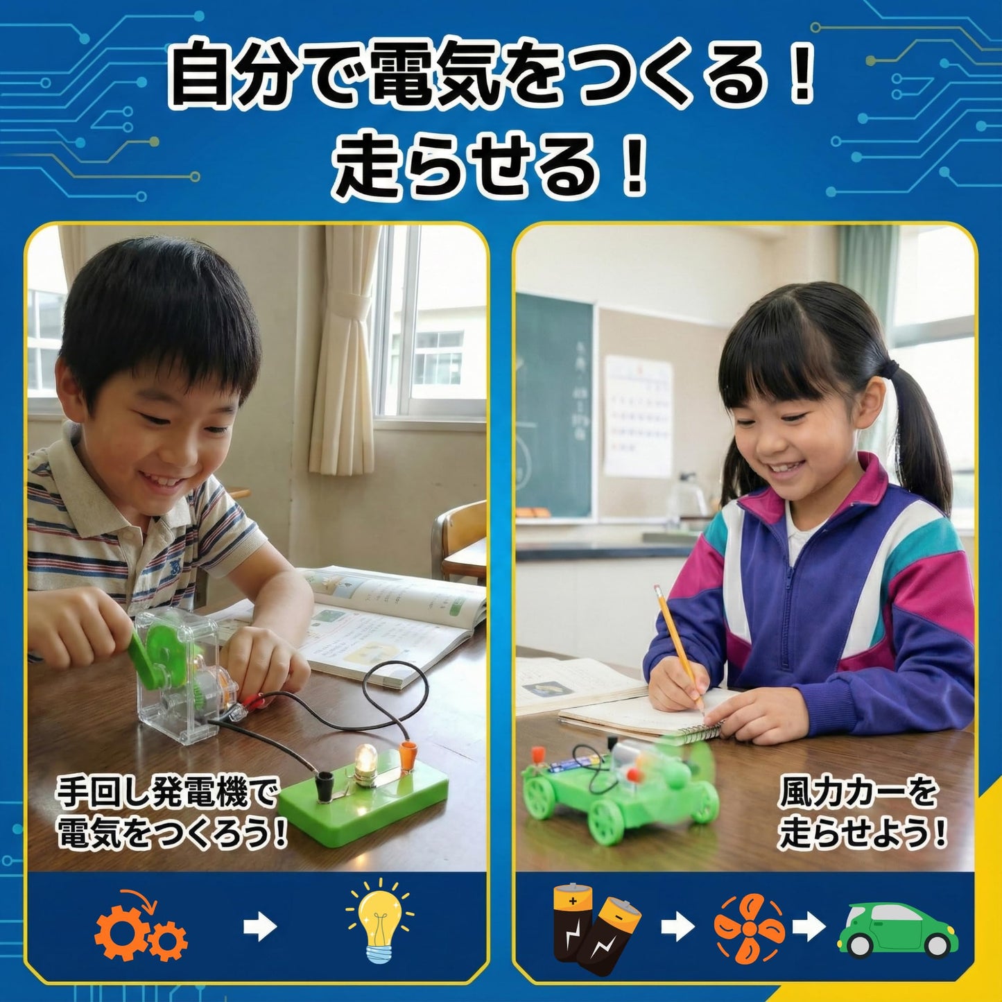 AZ-FRONT 理科実験キット 電気回路 豆電球 LED モーター 電磁石 手回し発電 元塾講師監修 ガイドブック 動画解説付き 小学生 自由研究 収納ケース付属