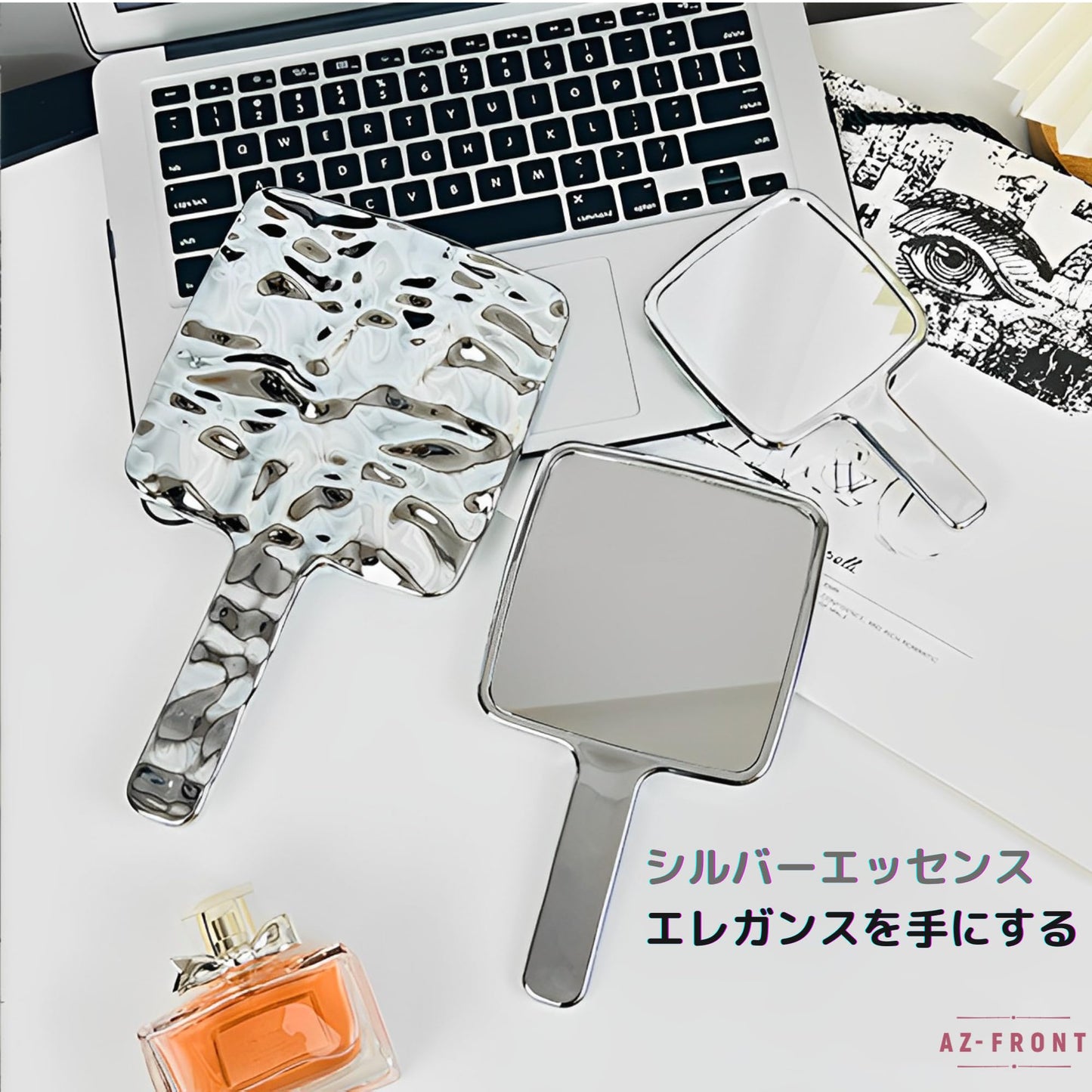 AZ-FRONT 手鏡 可愛い ハンドミラー シルバーフレーム 携帯用 コンパクト エレガント デザイン SNSで話題
