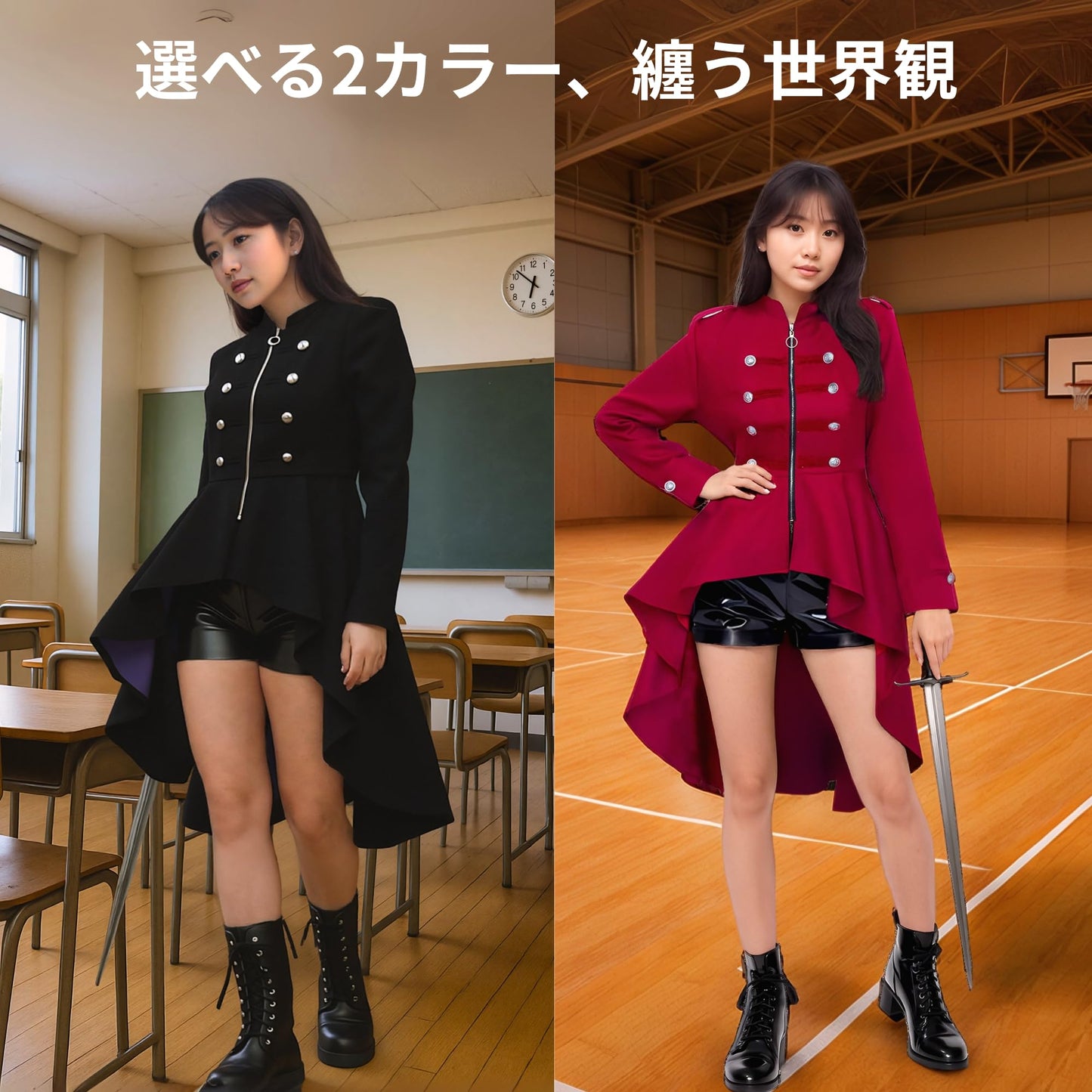 [AZ-FRONT] 軍服 ロリータ ゴスロリ コスプレ ハロウィン 燕尾服 アシンメトリー裾 パーティー 文化祭 学園祭 ステージ