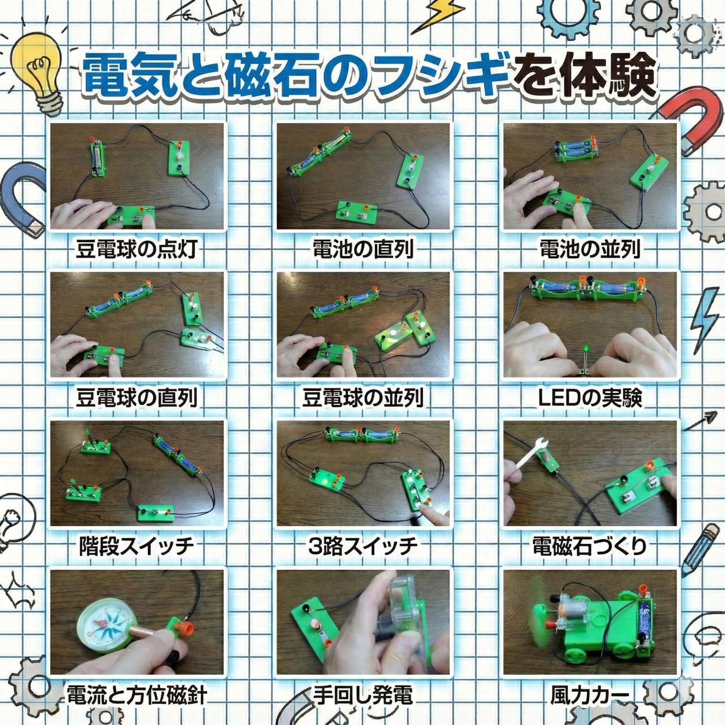 AZ-FRONT 理科実験キット 電気回路 豆電球 LED モーター 電磁石 手回し発電 元塾講師監修 ガイドブック 動画解説付き 小学生 自由研究 収納ケース付属
